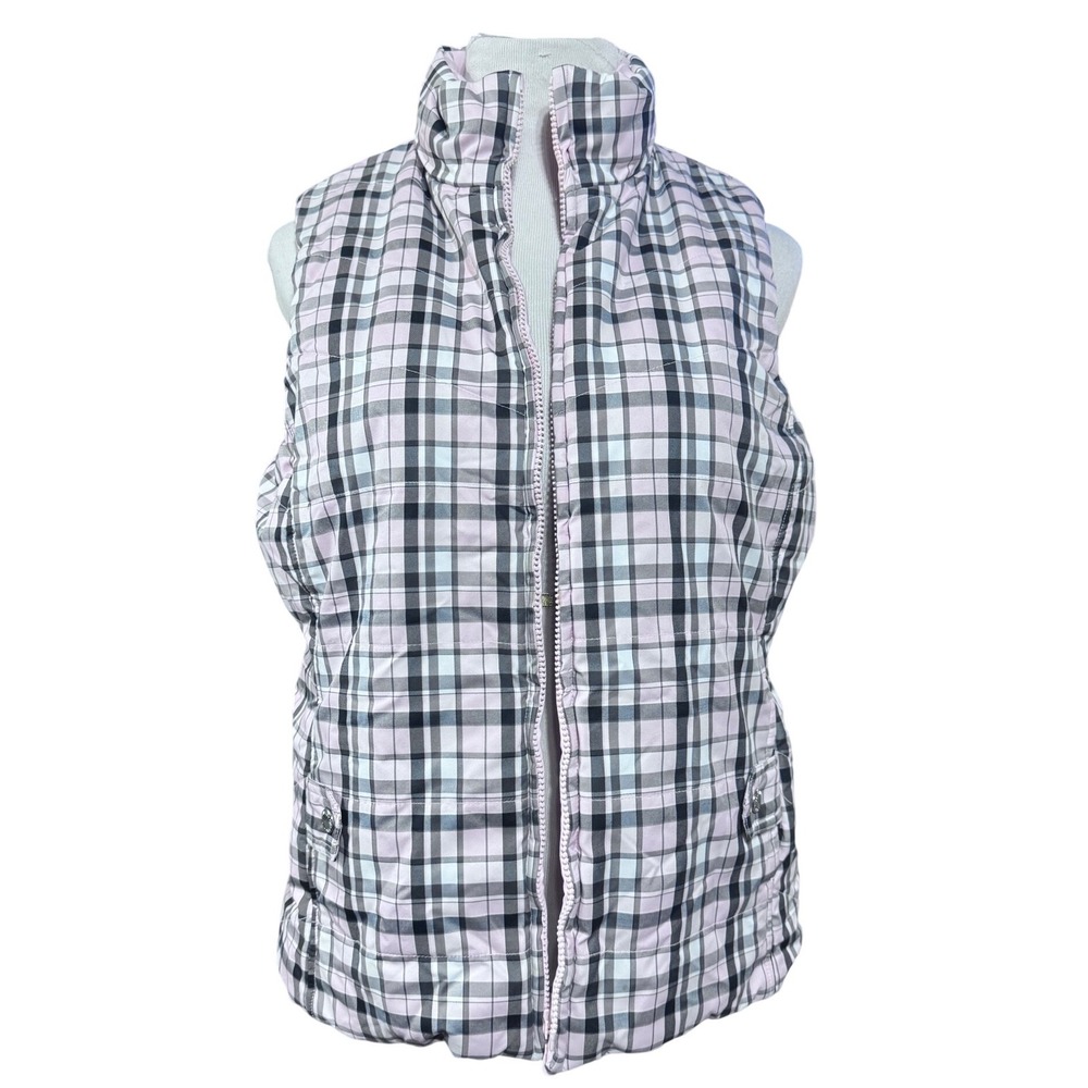 Jones New York Sport Vest Womens Reversible Plaid Quilted Pink Puffer Gilet